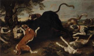 Paul De Vos - Hounds attacking a bull in a landscape