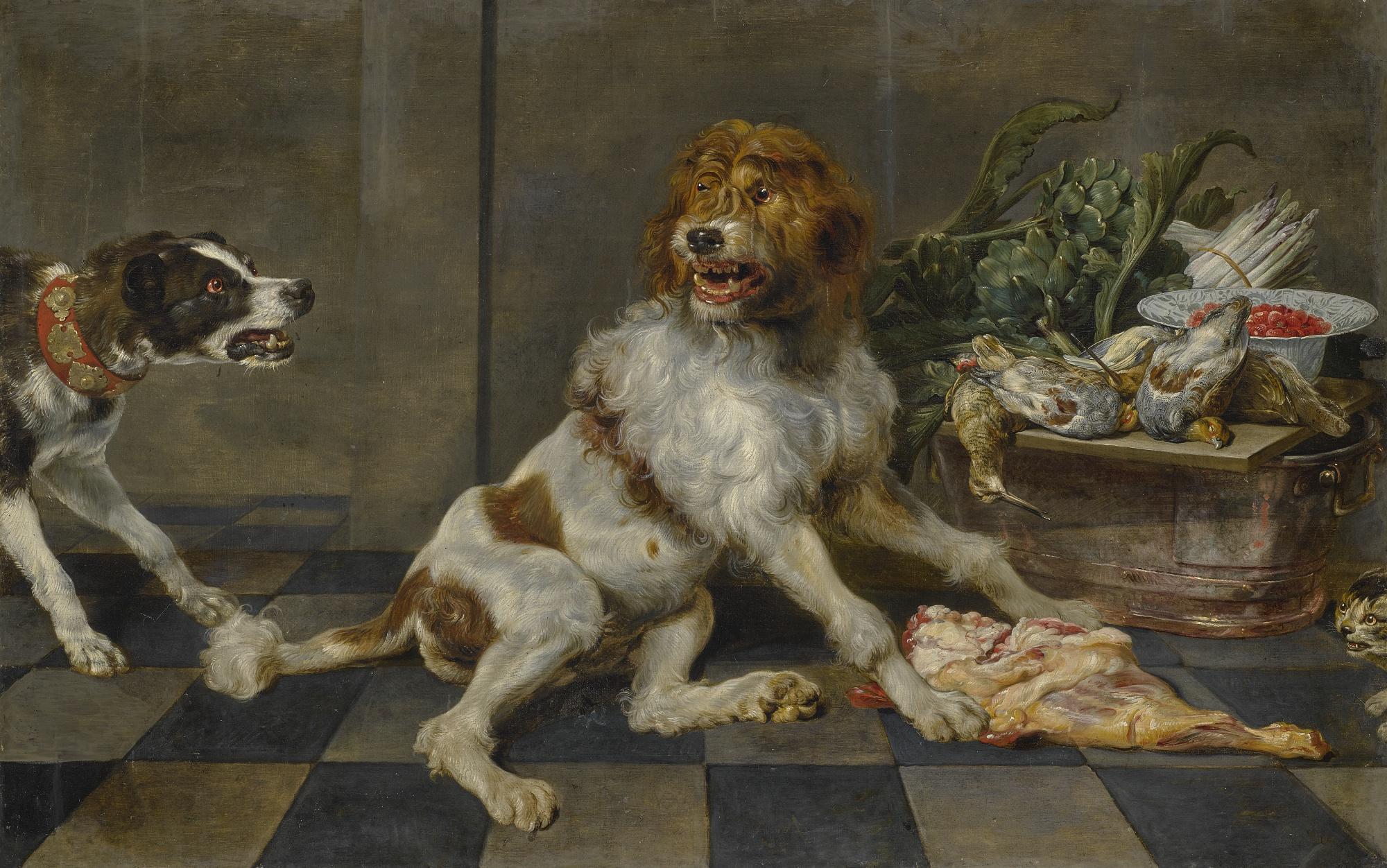 Paul De Vos - Two Dogs With A Joint Of Meat, A Basket With Game And Vegetables Behind Them