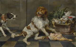Paul De Vos - Two Dogs With A Joint Of Meat, A Basket With Game And Vegetables Behind Them