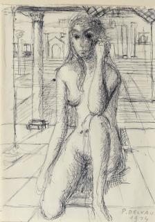 Paul Delvaux - A study for Le dialogue (1974)