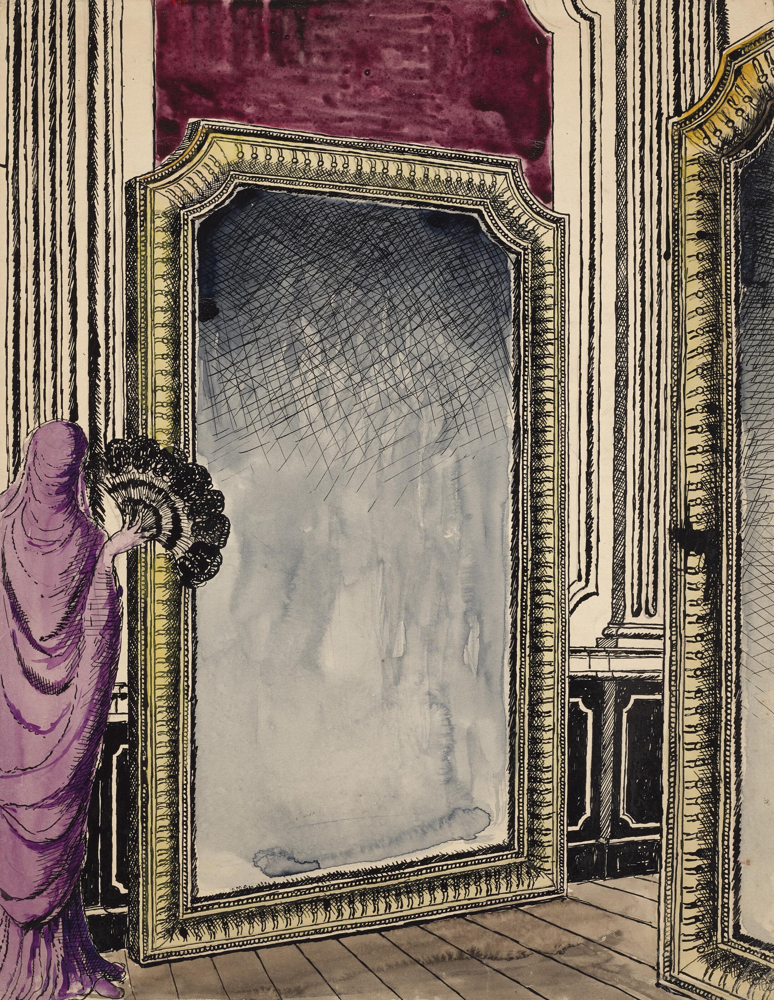 Paul Delvaux - Détail de décor, miroir pour \'\'\'Adame Miroir\'\'