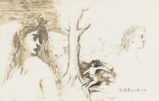 Paul Delvaux - Deux personnages et arbre