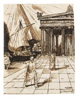 Paul Delvaux - Etude pour une illustration (recto); Une esquisse d\'un arbre (verso)