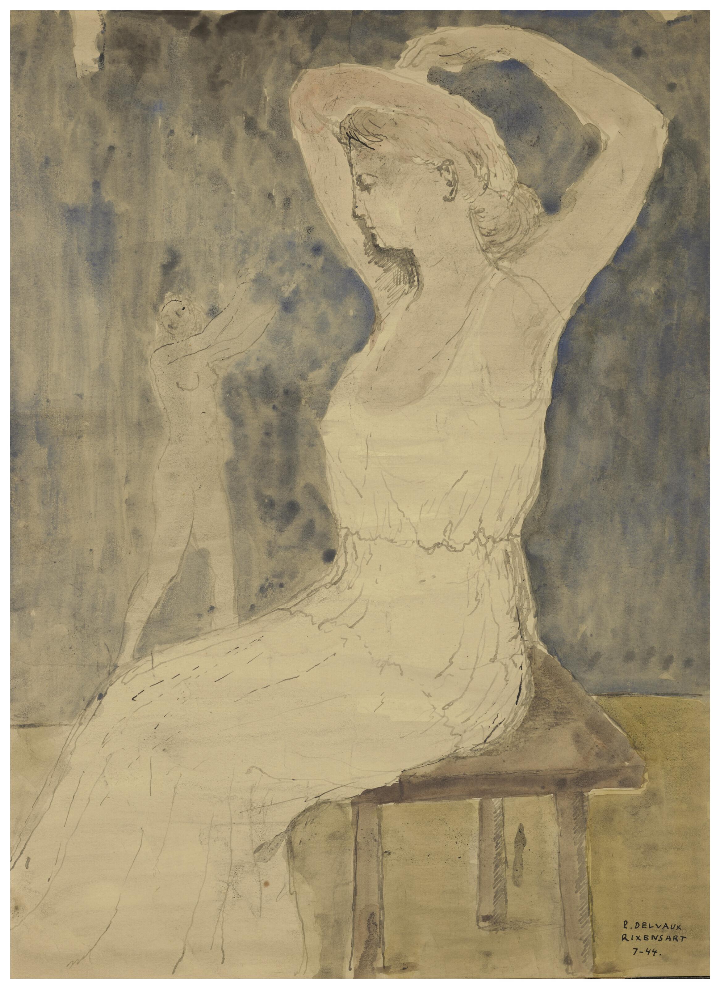 Paul Delvaux - Femme assise sur un tabouret, bras en l\'air
