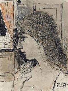 Paul Delvaux - Femme De Profil Devant Un Rideau Rouge