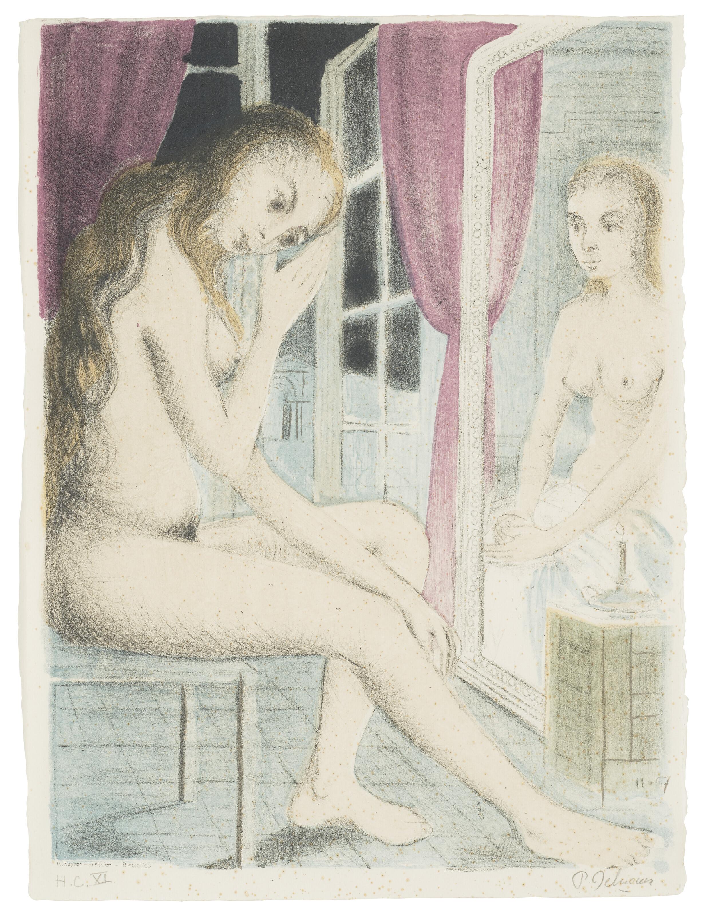 Paul Delvaux - Mauve Curtains, from Les Dessins de Paul Delvaux
