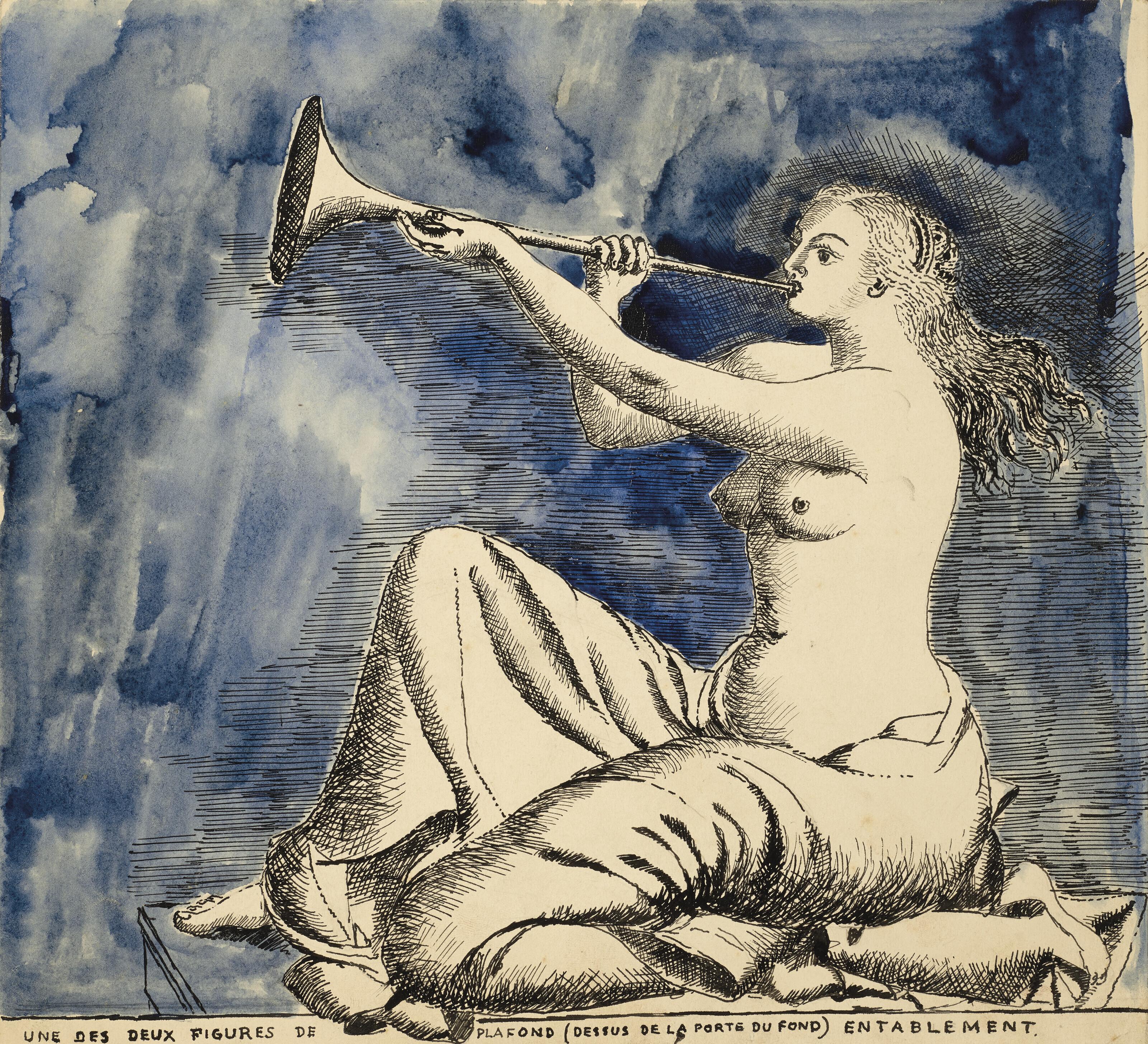 Paul Delvaux - Une des deux figures de plafond (dessus de la porte du fond) entablement, décor pour \'\'\'Adame Miroir\'