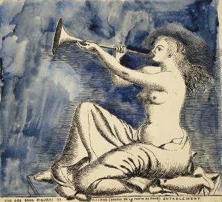 Paul Delvaux - Une des deux figures de plafond (dessus de la porte du fond) entablement, décor pour \'\'\'Adame Miroir\'