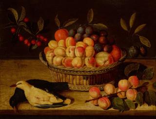 Paul Dorival - Still life with a basket of peaches, plums and cherries and two dead pigeons