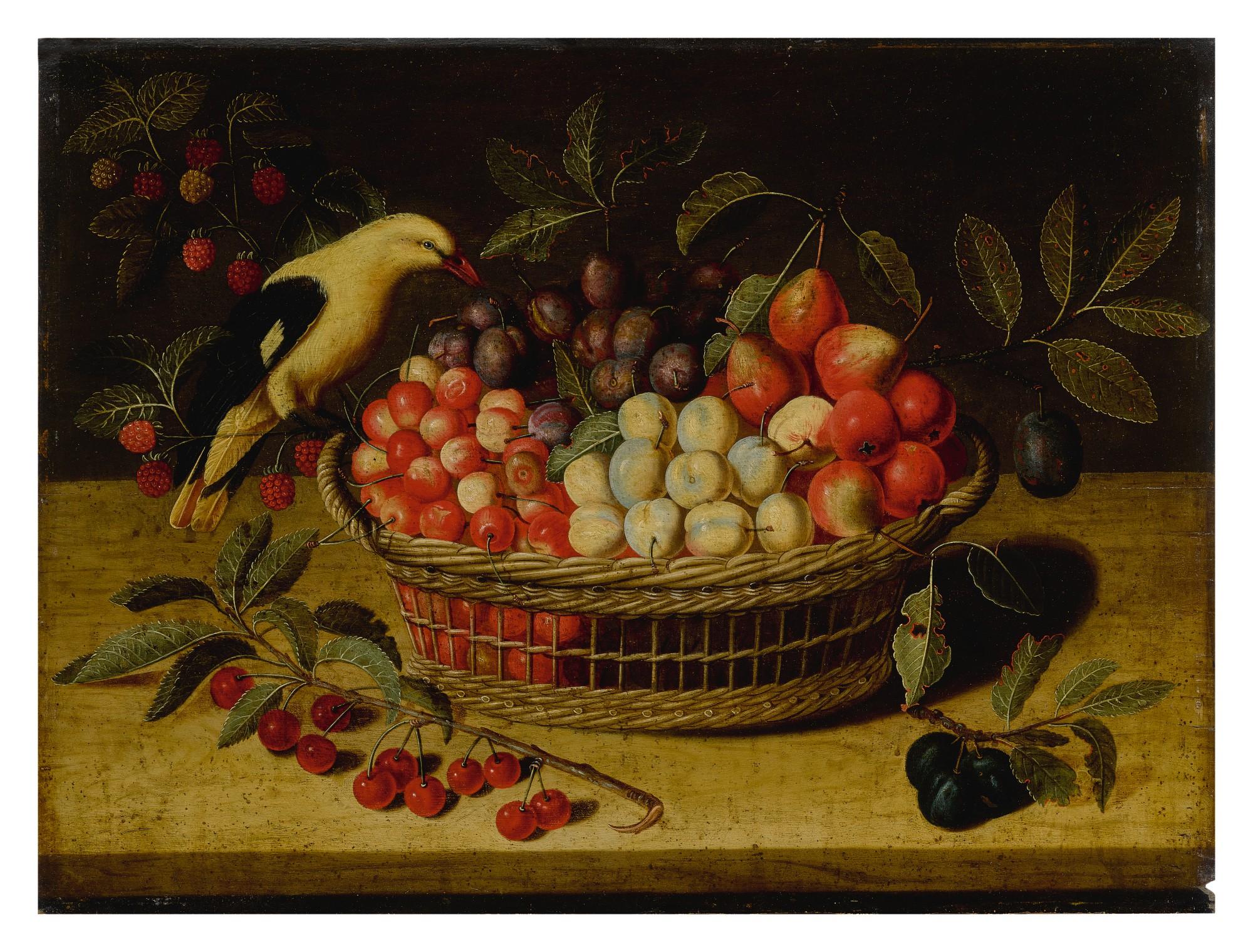 Paul Dorival - Still life with cherries, plums, raspberries and other fruits in a basket, with a yellow bird