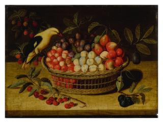 Paul Dorival - Still life with cherries, plums, raspberries and other fruits in a basket, with a yellow bird