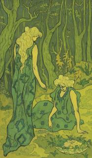 Paul Elie Ranson - Deux Jeunes Filles Devant La Tête D\'Orphée Or Femmes Dans La Forêt Or Symphonie De Verts