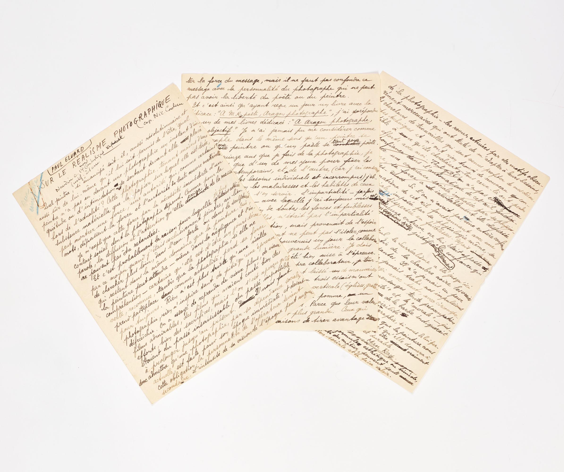 Paul Éluard - 3 Pp. Sur Autant De Feuillets De Format In-4 (270 X 210 Mm), À L’Encre Noire. Quelques Pliures Médianes, Restes D’Agrafes, Trous De Punaise.