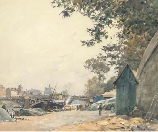 Paul Emile Lecomte - Bustling activity on the banks of the Seine, Paris