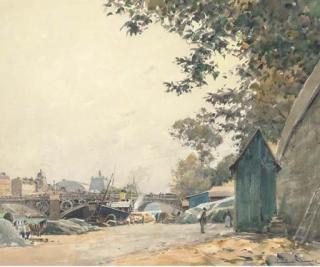 Paul Emile Lecomte - Bustling activity on the banks of the Seine, Paris