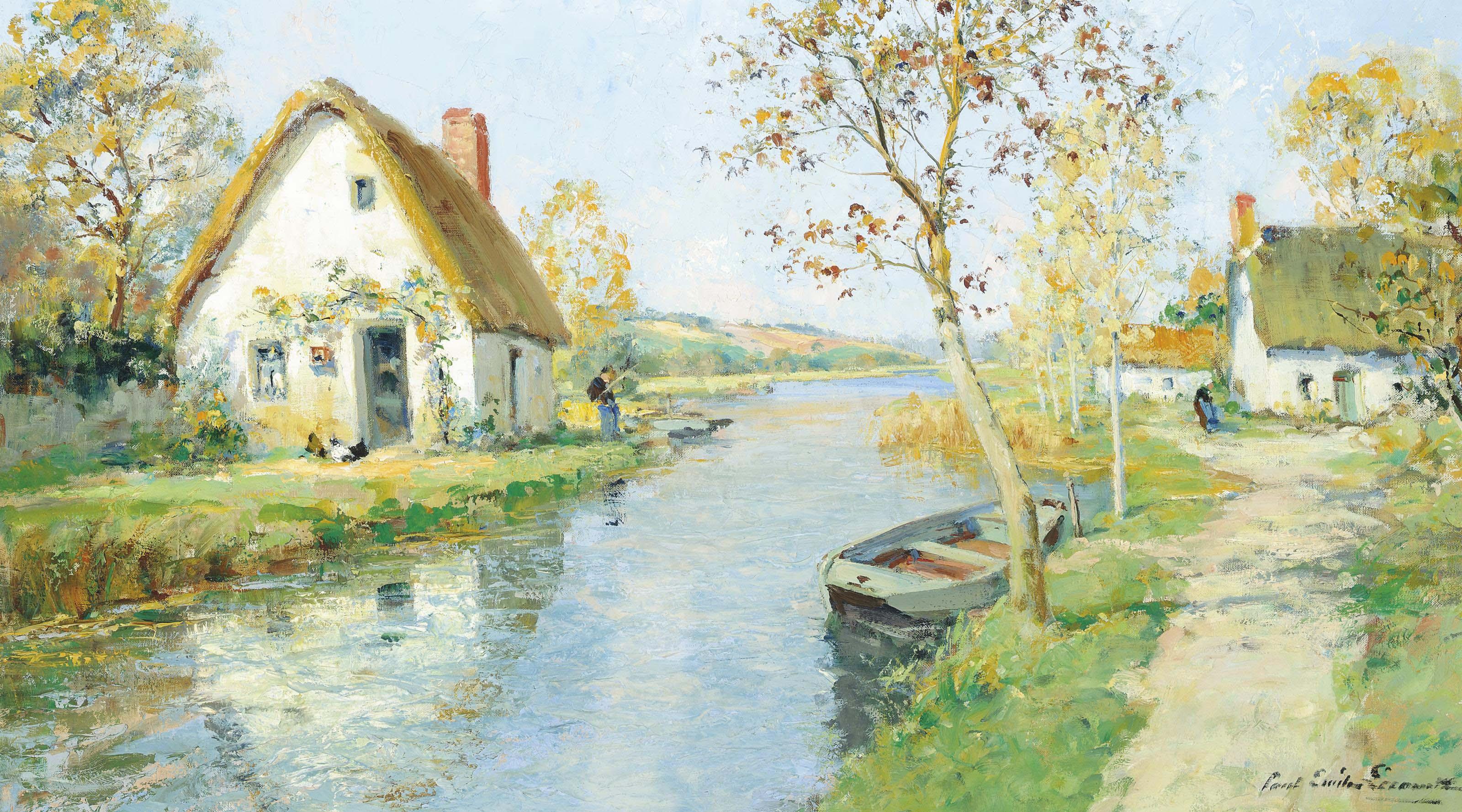 Paul Emile Lecomte - Fishing At A Riverside Cottage