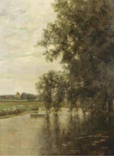 Paul Emmanuel Peraire - A Figure on a Boat in a River Landscape