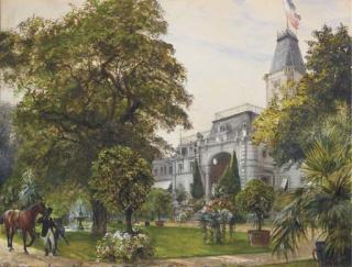 Paul Friedrich Meyerheim - A large house with a blooming garden, a rider with a horse in the foreground