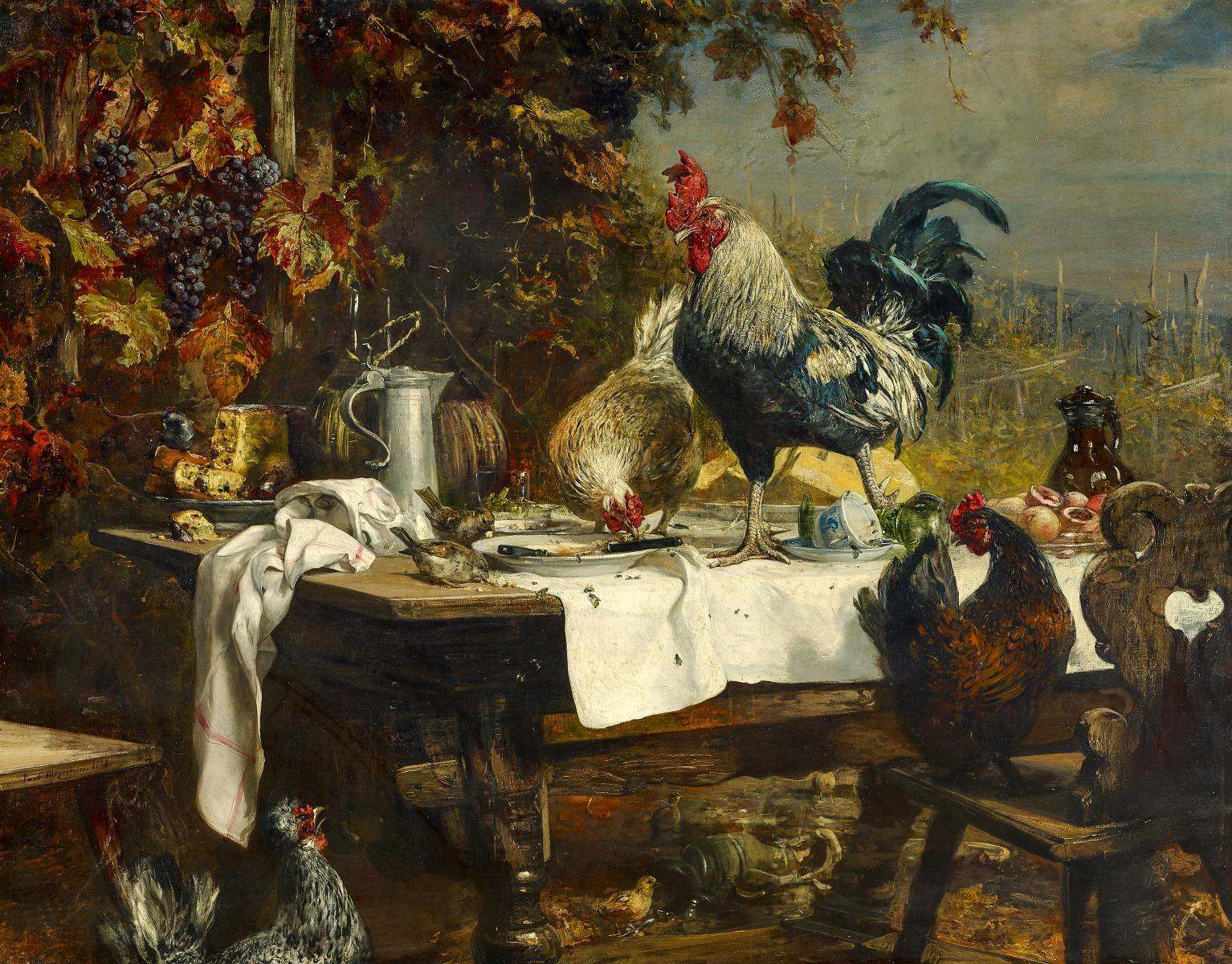 Paul Friedrich Meyerheim - Freitisch. Stillleben mit Hühnern