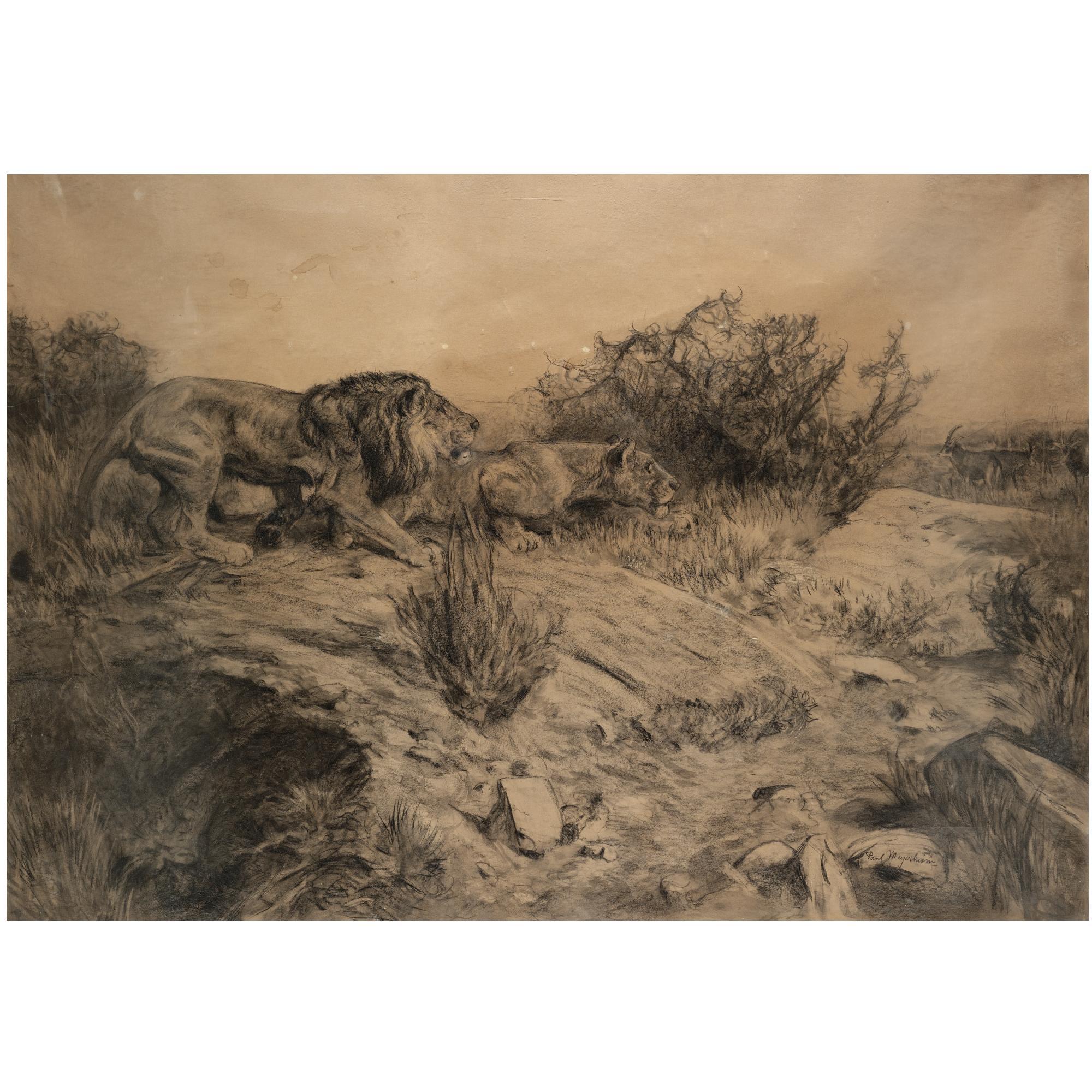 Paul Friedrich Meyerheim - German Lauernde Löwen (Prowling Lions)