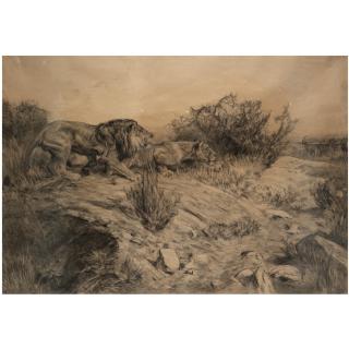 Paul Friedrich Meyerheim - German Lauernde Löwen (Prowling Lions)