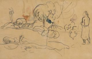 Paul Gauguin - Paysage tahitien avec figure (recto); Etude de figures (verso)