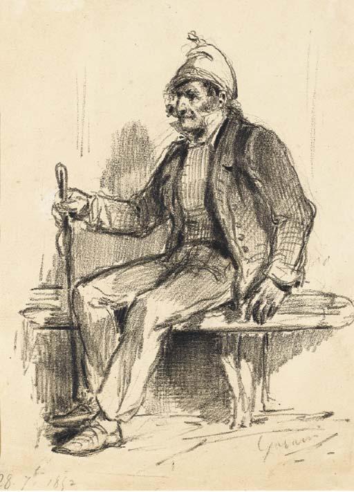 Paul Gavarni - Homme Assis Sur Un Banc, Sa Canne À La Main