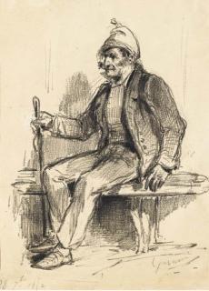 Paul Gavarni - Homme Assis Sur Un Banc, Sa Canne À La Main