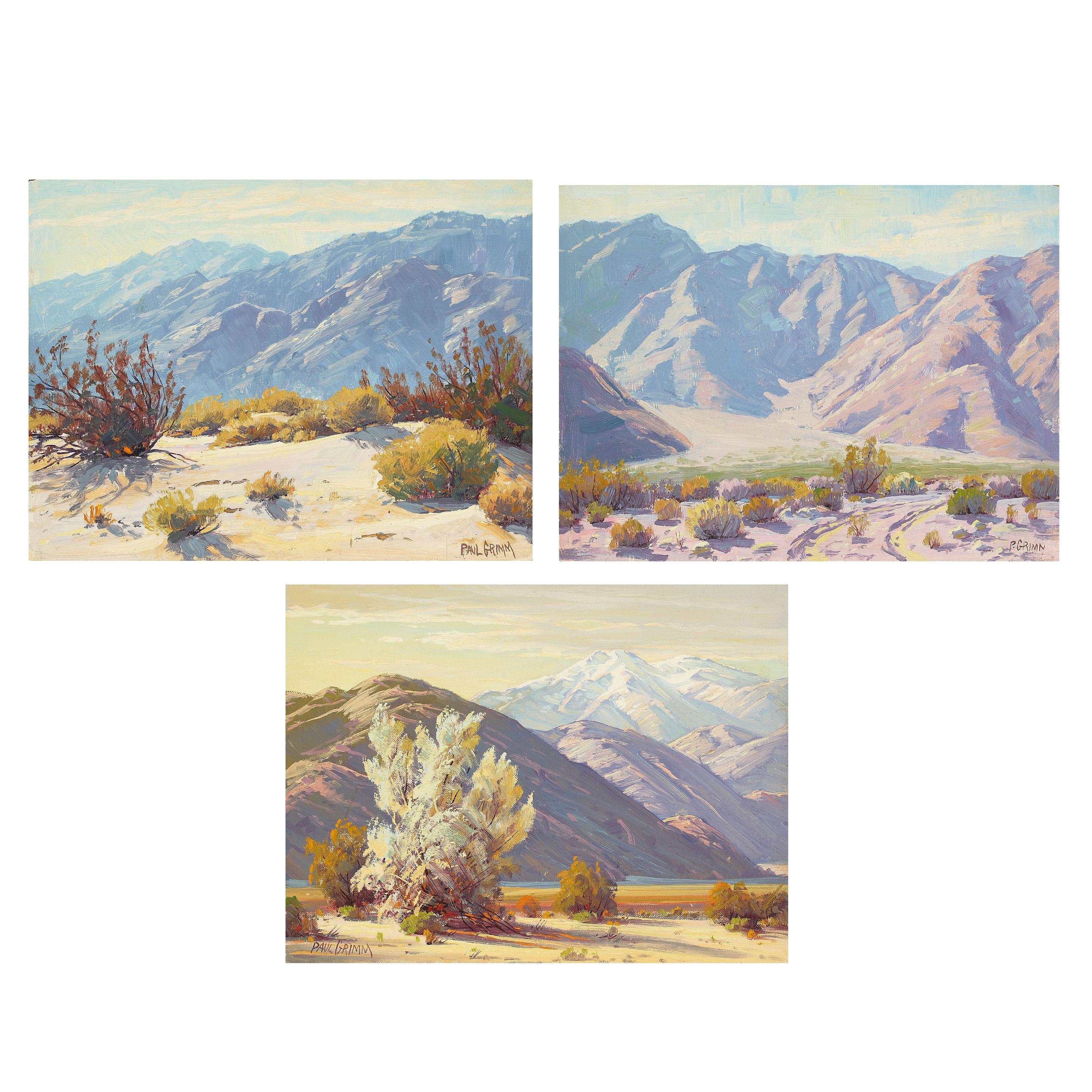 Paul Grimm - Smoke Tree & San Jacinto, Desert with Mountains, and Purple Desert (a group of three) each 9 x 12 in. each unframed
