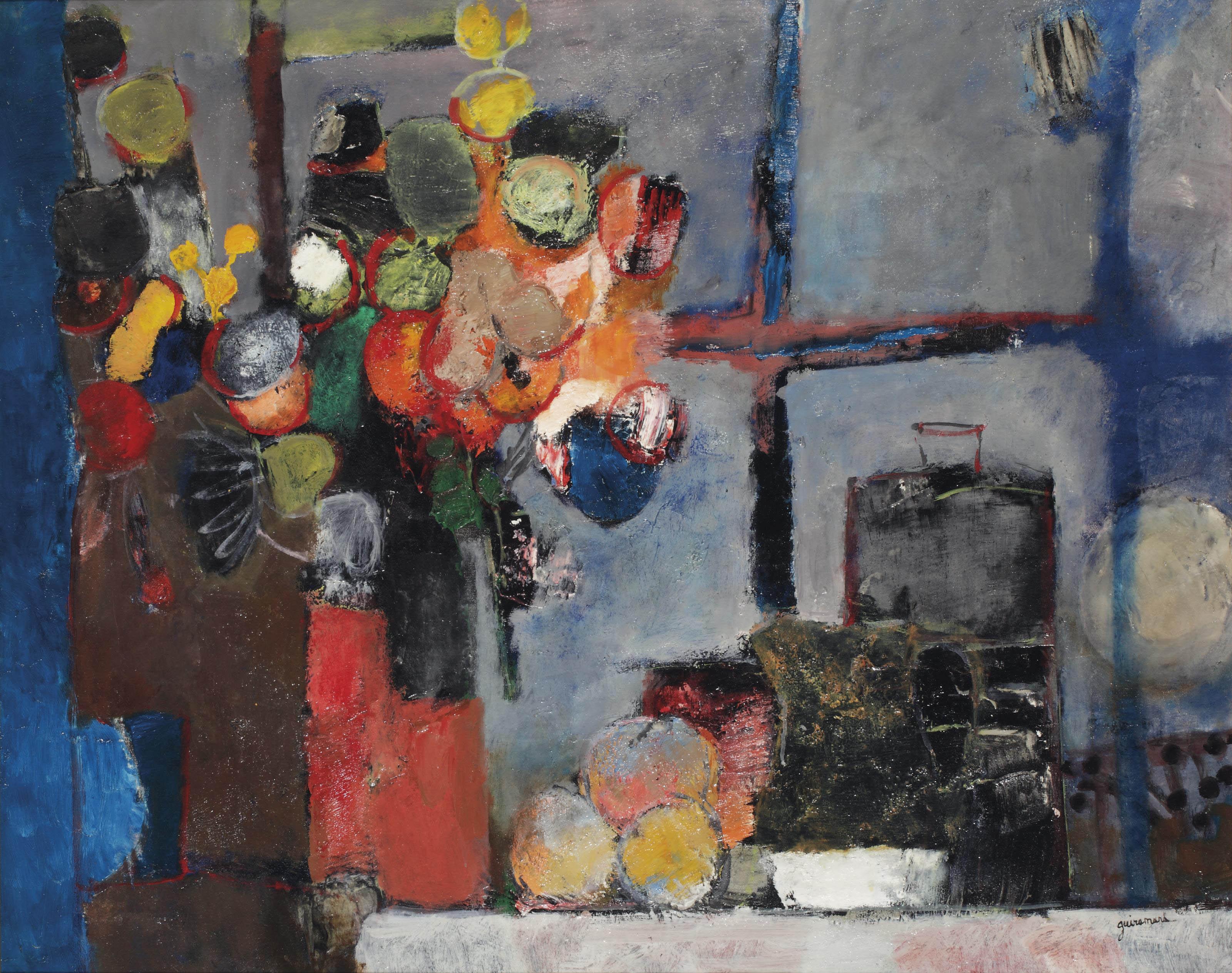 Paul Guiramand - A still life with fruit, colourful flowers and a jar