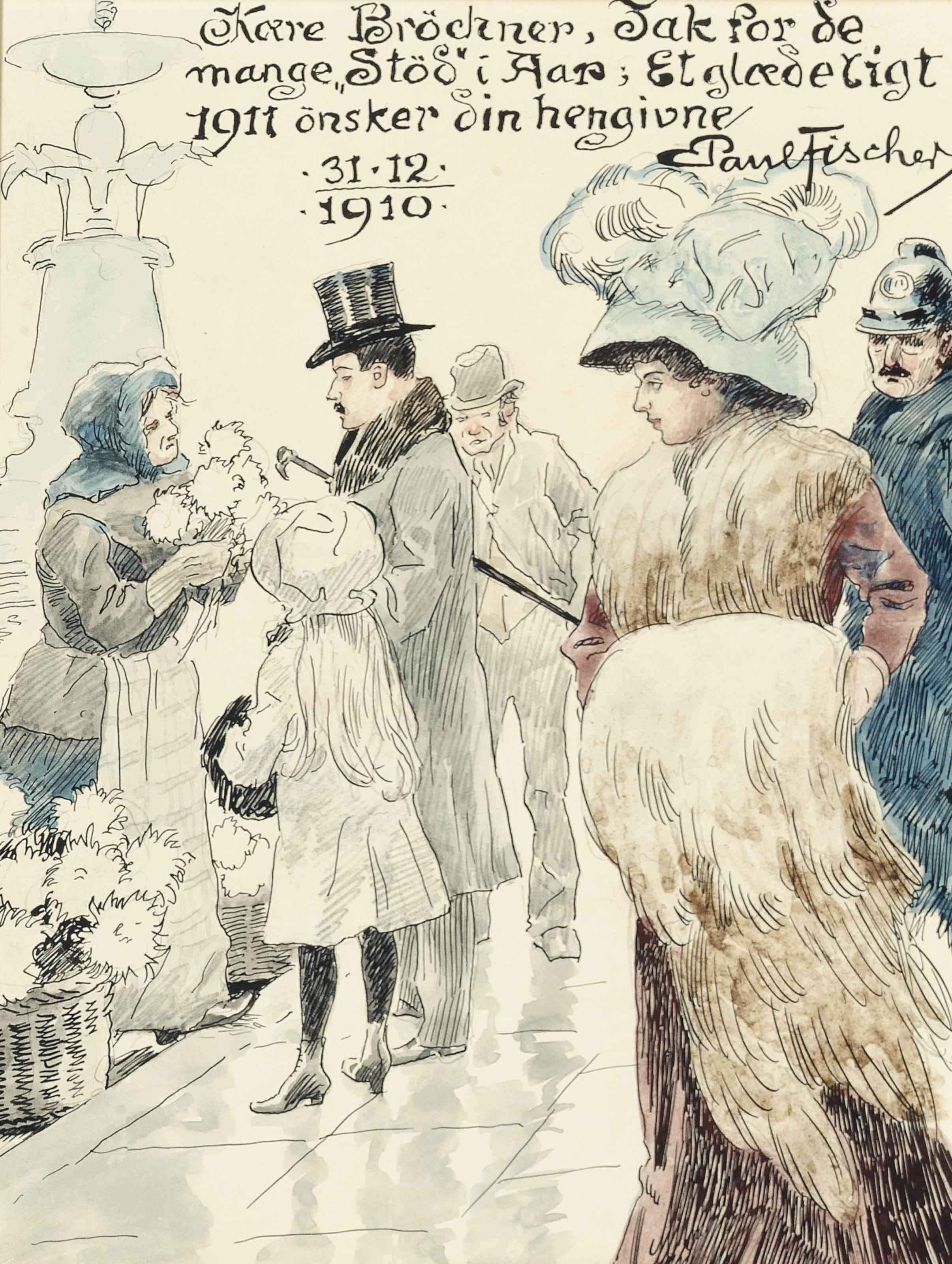 Paul Gustave Fischer - Elegant company buying flowers on a Copenhagen street