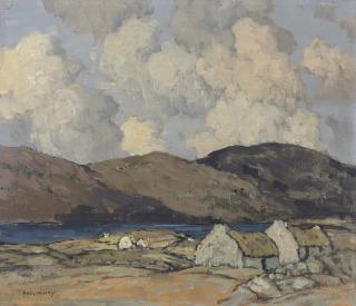 Paul Henry, R.H.A. - Thatched cottages with mountains beyond