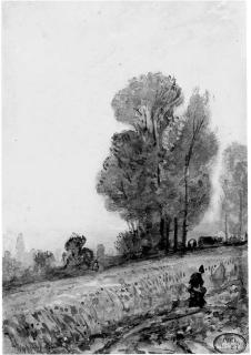 Paul Huet - A woman walking on a road in Normandy; A view of an abbey in a valley; and Poplars on a river bank