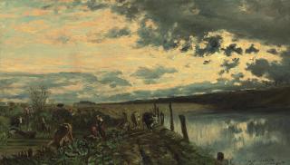 Paul Huet - Soleil couchant à Seine Port