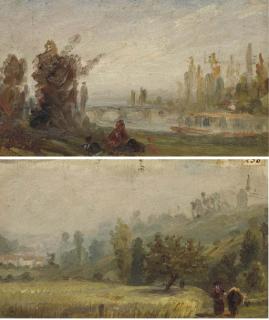 Paul Huet - Vue de Fontenay-Aux-Roses; Et Un Paysage Avec Un Pont Enjambant Une Rivière Et Des Figures Au Premier Plan