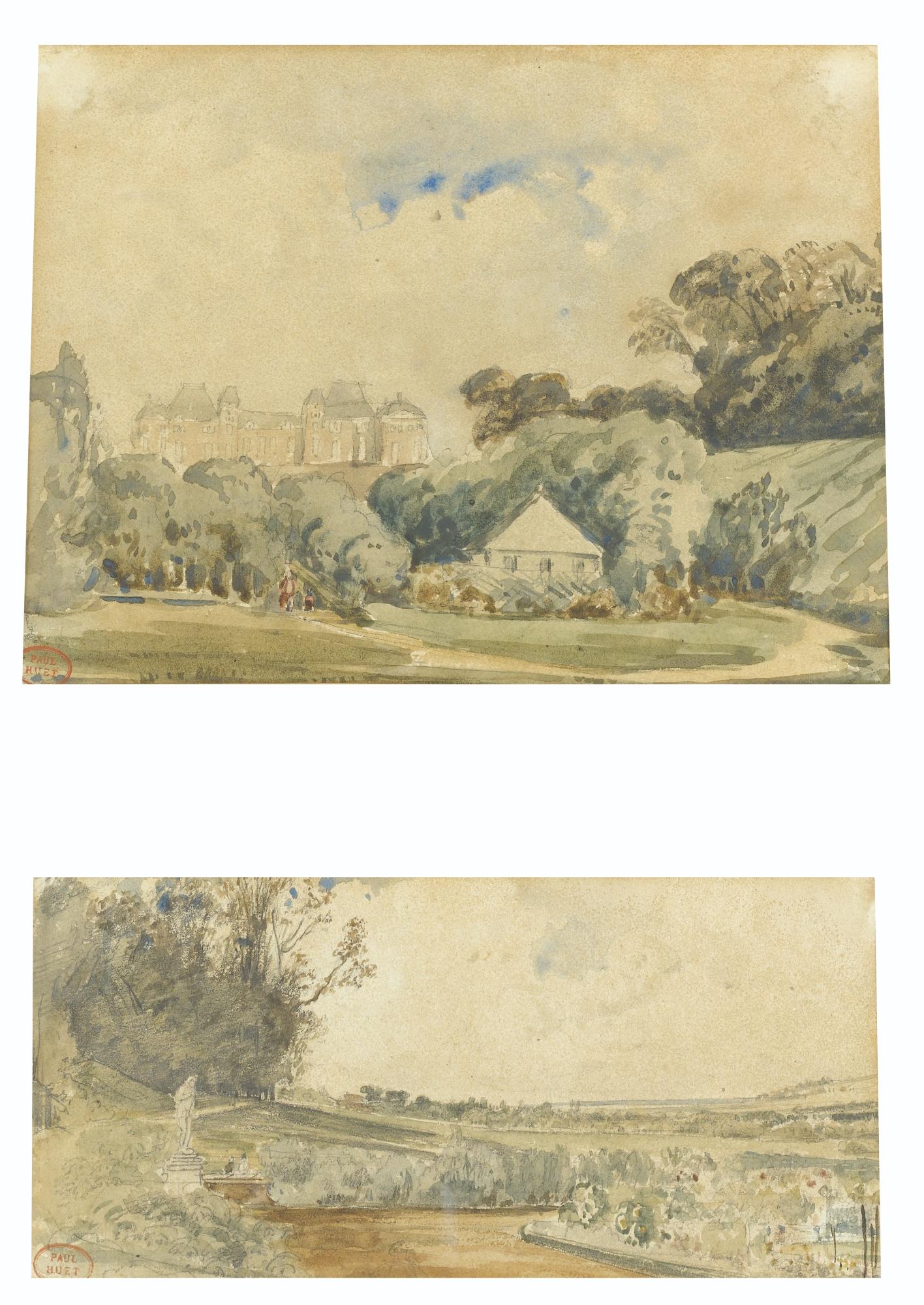 Paul Huet - Vue Du Château D\'Eu Et Vue Des Jardins Du Château D\'Eupaul Huet; View Of The Eu Castle And View Of The Gardens Of The Eu Castle; Bears The Stamp From The Paul Huet Sale Lower Left (Lugt 1268); Watercolor And Pencil On Paper, A Pair