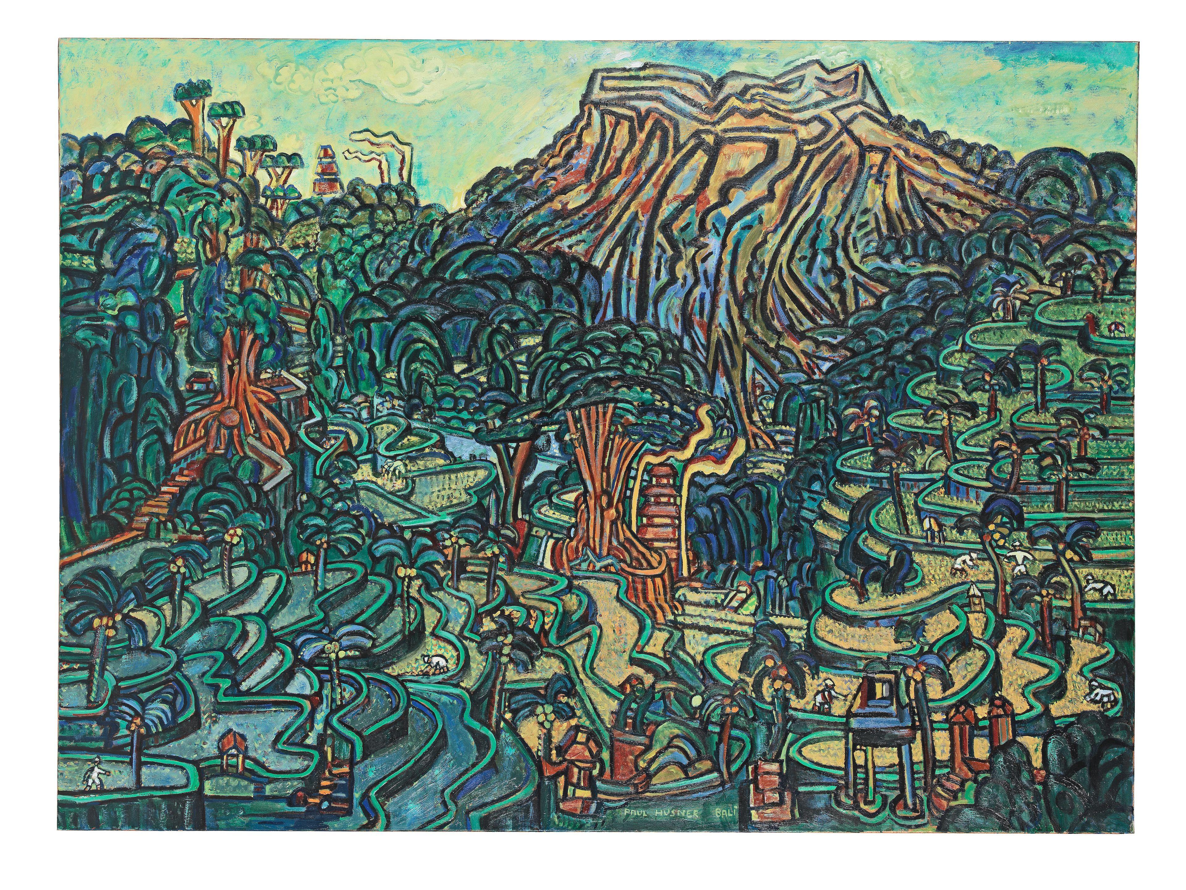 Paul Husner - Volcano Gunung Agung With Banyan Trees And Temple In Bali