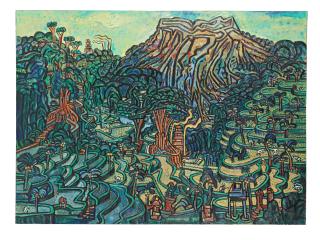 Paul Husner - Volcano Gunung Agung with Banyan Trees and Temple in Bali