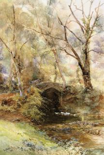 Paul Jacob Naftel, R.W.S. - Ducks on a river below a cattle bridge