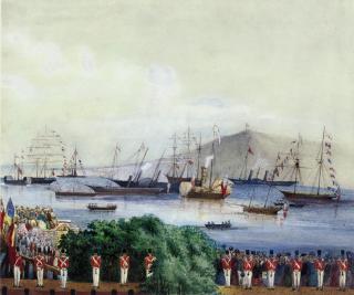Paul Jacob Naftel, R.W.S. - The arrival of the Royal Yacht Victoria and Albert (I) in Alderney, Channel Islands, on 9th August 1854, with Queen Victoria and Prince Albert on board