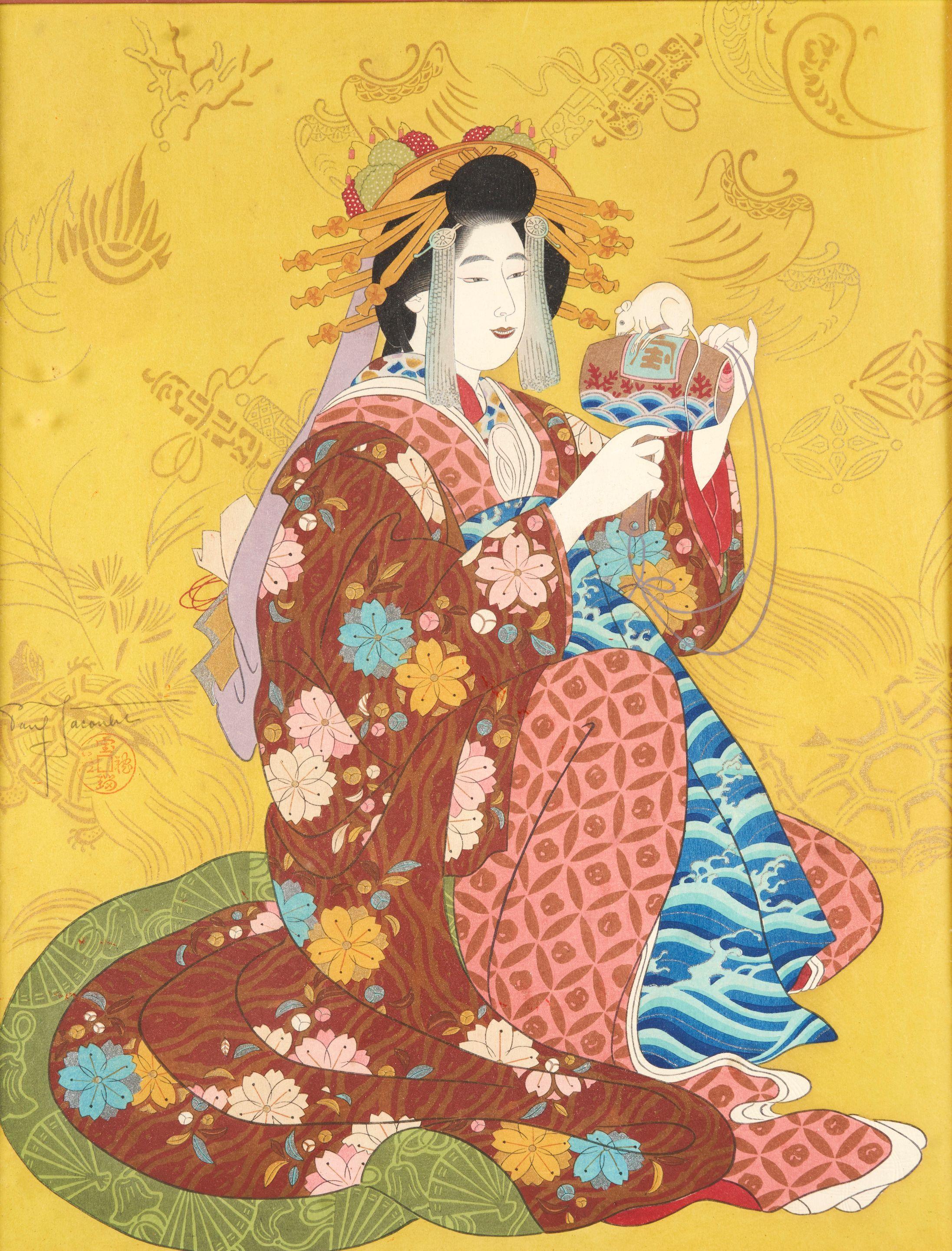 Paul Jacoulet - Daikoku, Dieu de la Richesse, personnifie pa une courtisane du Shimabara