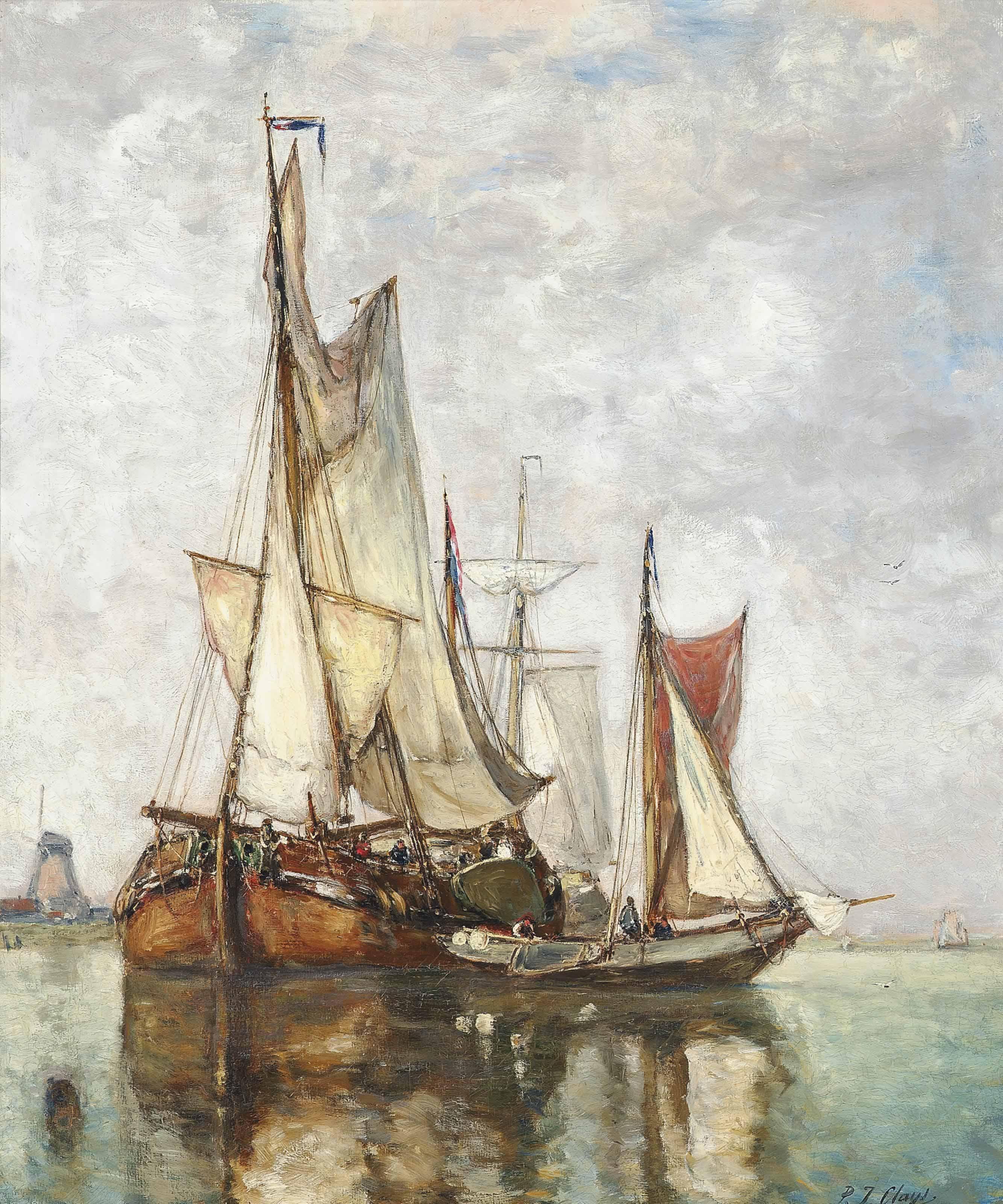 Paul Jean Charles Clays - Barges moored before a windmill