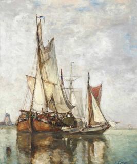 Paul Jean Charles Clays - Barges moored before a windmill