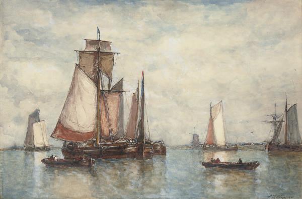 Paul Jean Charles Clays - Shipping in an estuary with a windmill beyond