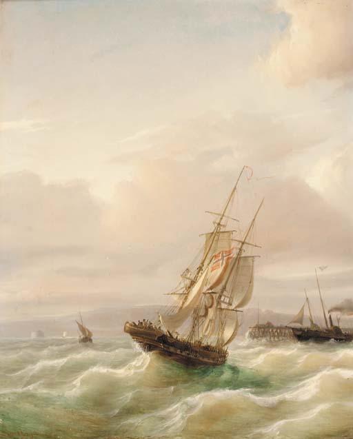 Paul-Jean Clays - A Norwegian trading brig running into port past the departing packet