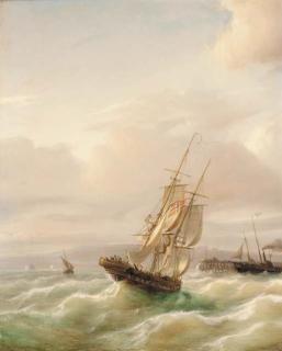 Paul-Jean Clays - A Norwegian trading brig running into port past the departing packet