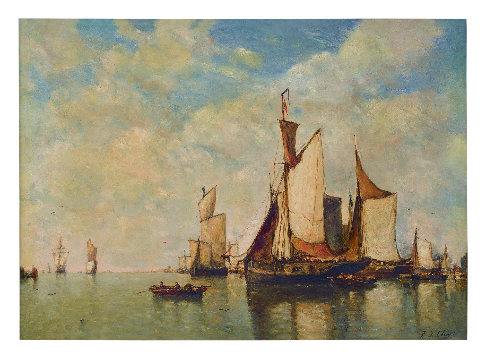 Paul Jean Clays - Boats In A Harbor