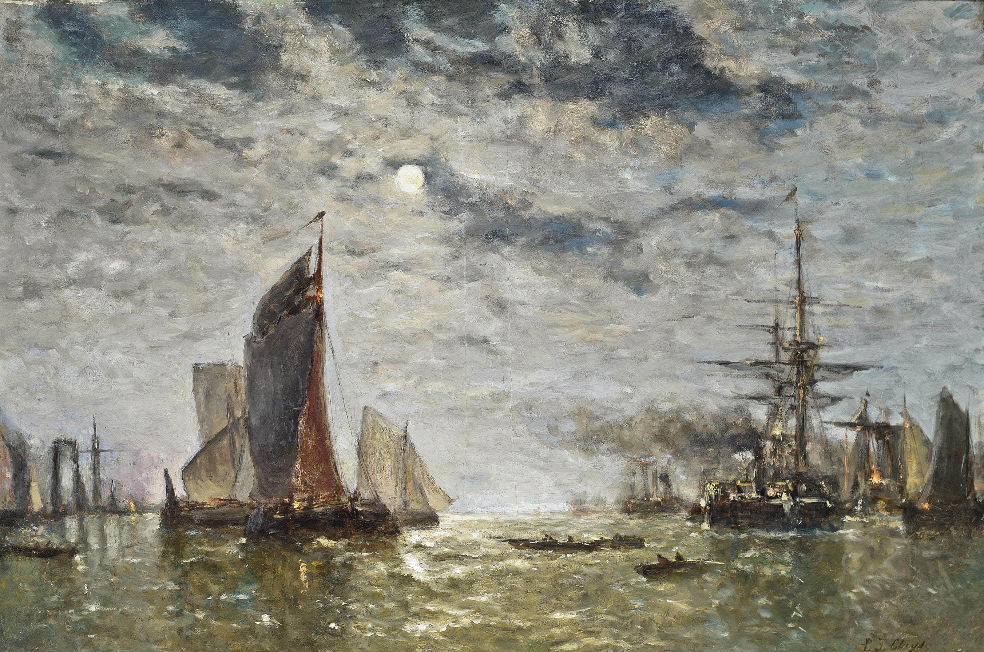 Paul Jean Clays - Vessels moored under the moon