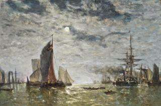 Paul Jean Clays - Vessels moored under the moon