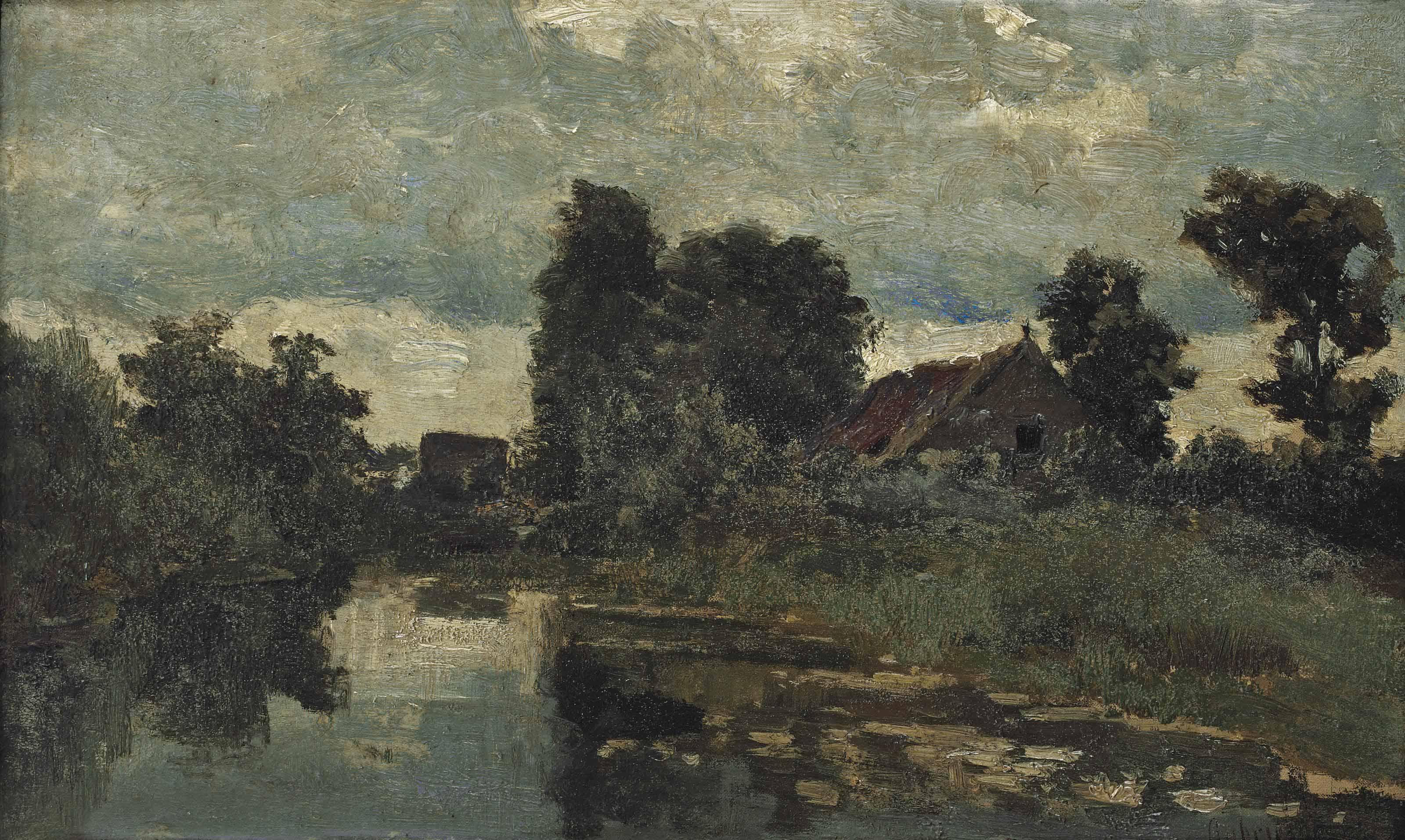 Paul Joseph Constantin Gabriël - A polder landscape with a farm